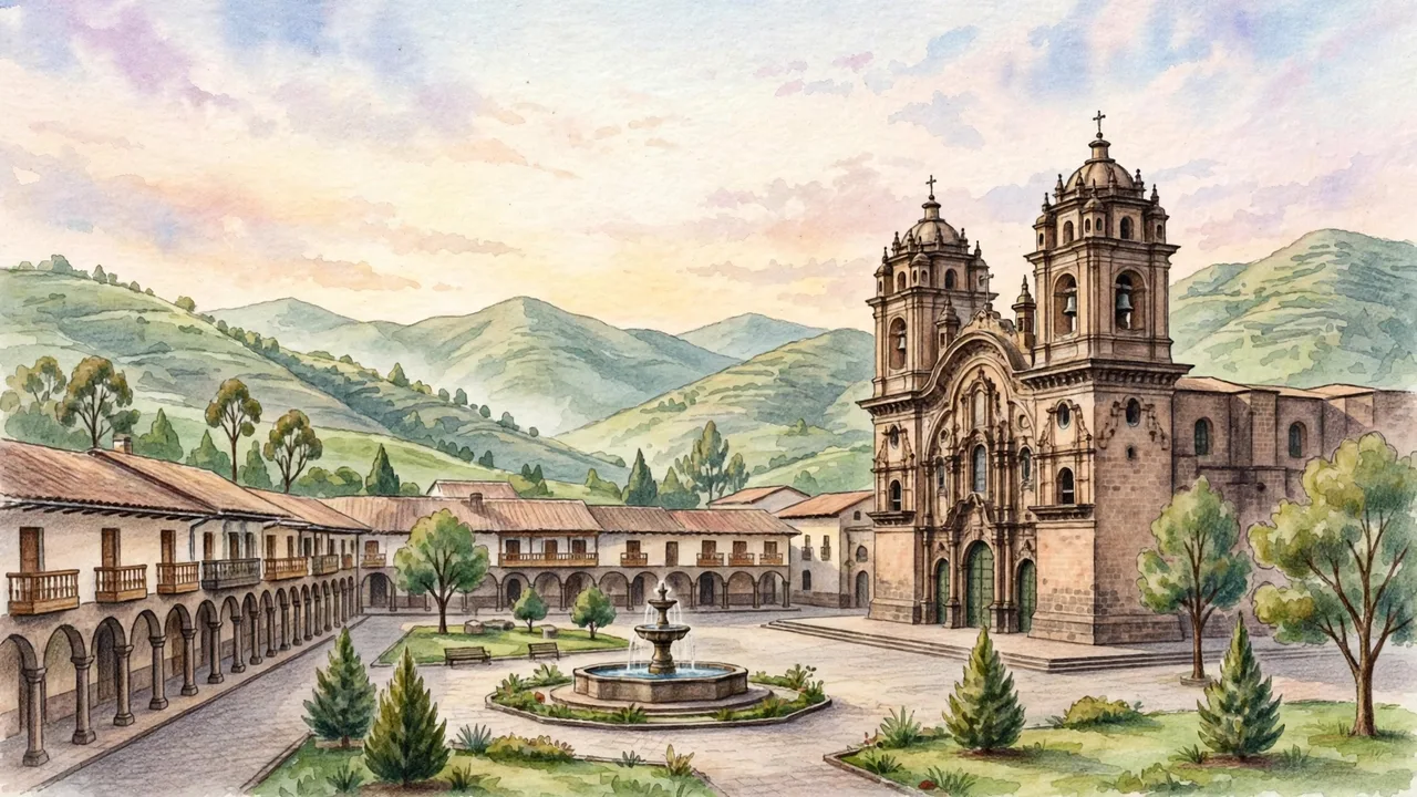 Illustrated storybook street scene in Peru