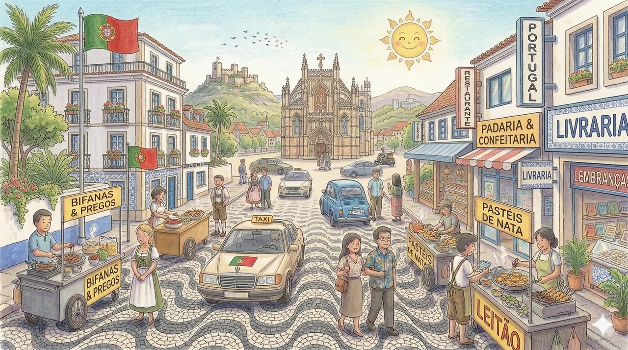 Illustrated storybook street scene in Portugal