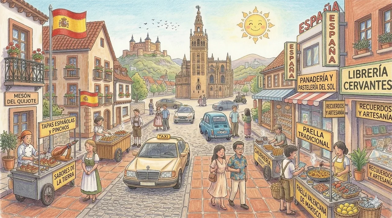 Illustrated storybook street scene in Spain