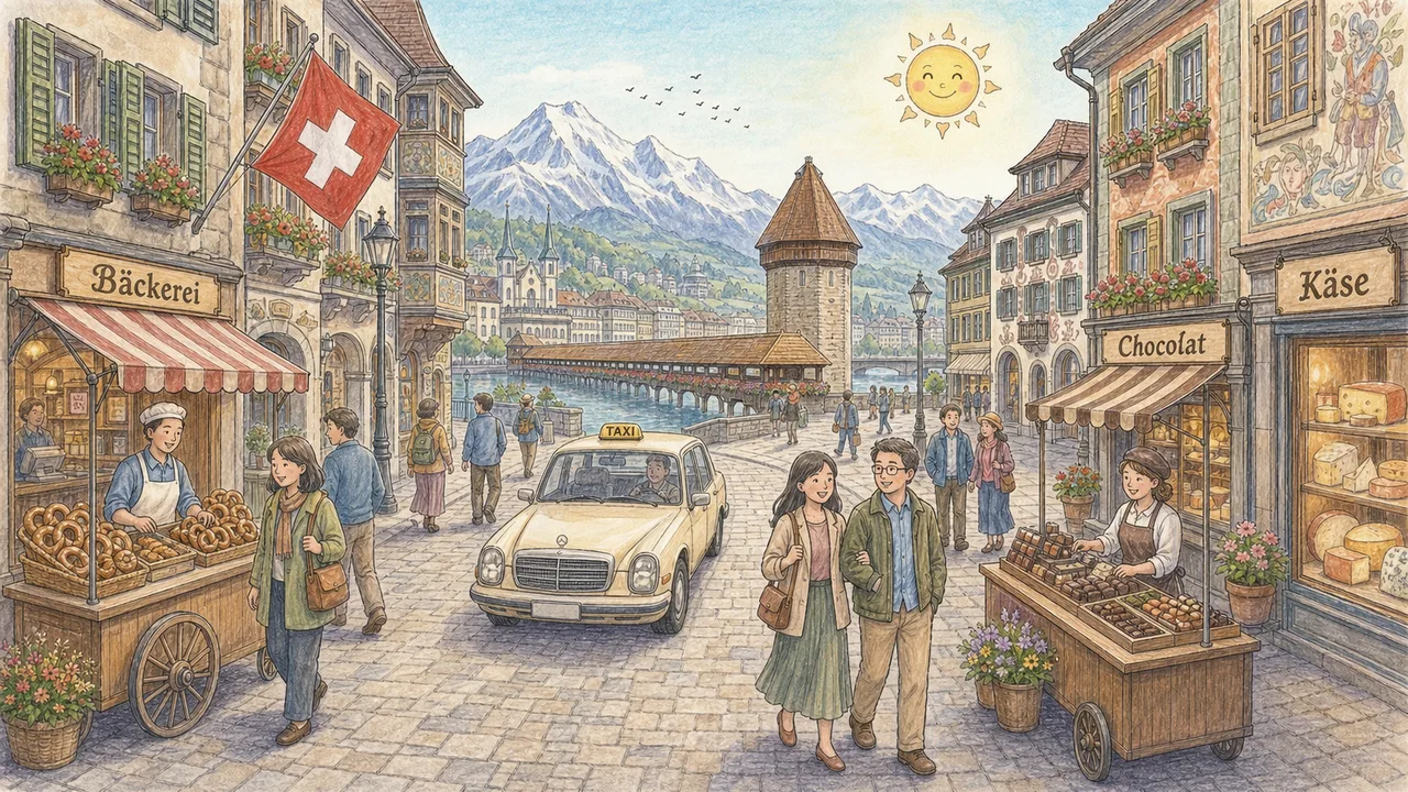 Illustrated storybook street scene in Switzerland
