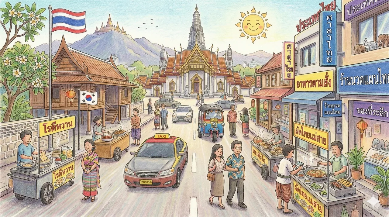 Illustrated storybook street scene in Thailand