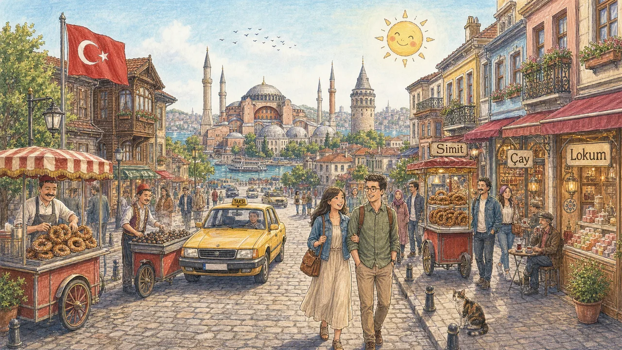 Illustrated storybook street scene in Türkiye