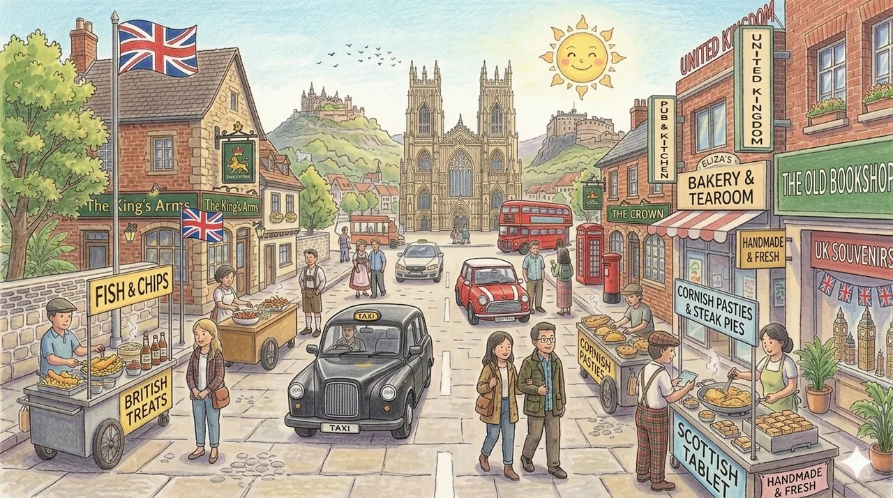 Illustrated storybook street scene in United Kingdom