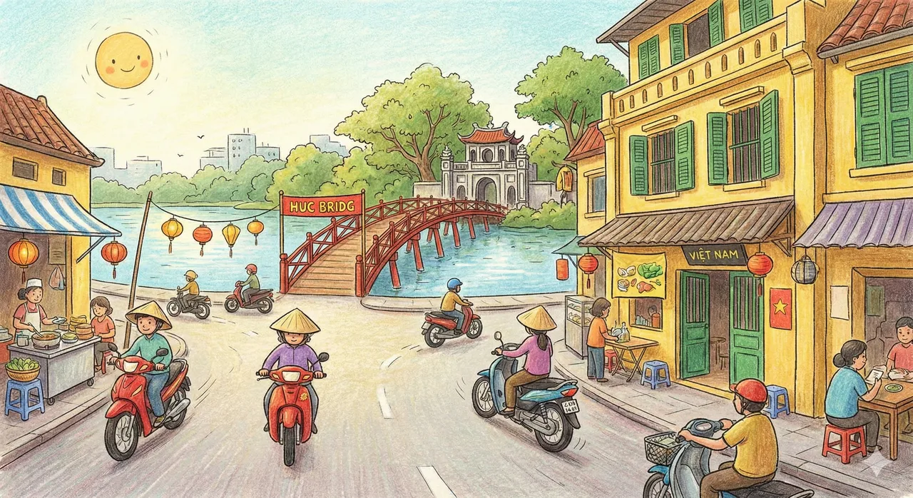 Illustrated storybook street scene in Vietnam